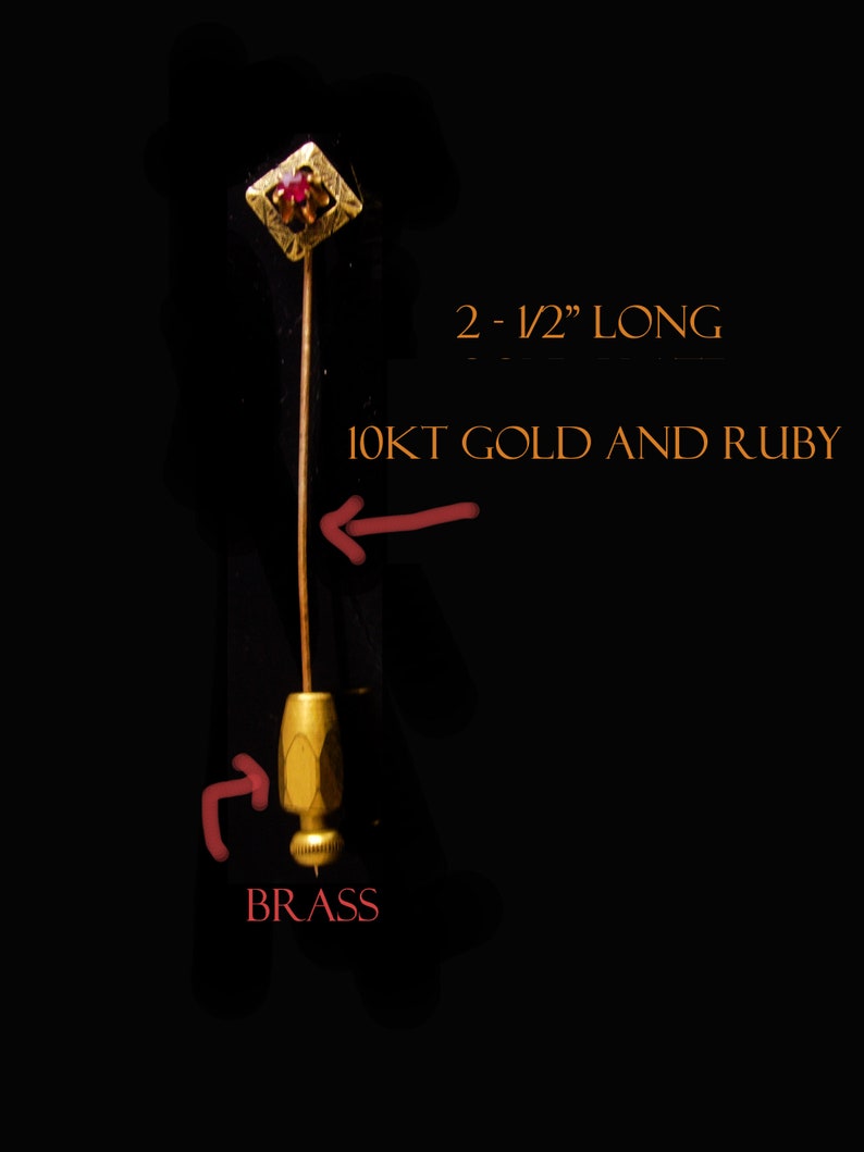 Antique Victorian Ruby Stickpin 10kt Gold Hallmark Wedding lapel pin Birthday for him