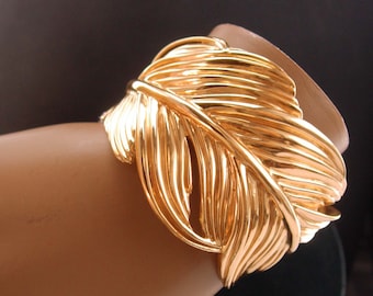 Fabulous wide signed cuff bracelet - Vintage goddess beauty golden leaf bracelet - Showstopper jewelry
