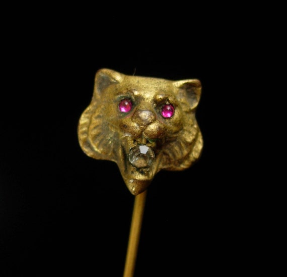 Antique Lion STICKPIN ruby Jeweled Eyes tiger pas… - image 1