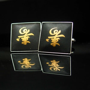 Sterling Amita Wedding Cuff links Damascene Vintage Chinese Symbol HOPE Devotion LOVE symbol Set jewelry Accessory