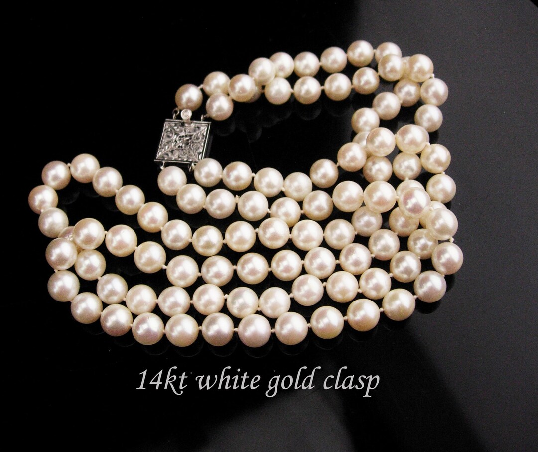 3-Strand 7-8mm Natural White Cultured Pearl Choker Necklace – 17-19 Inches – Handmade