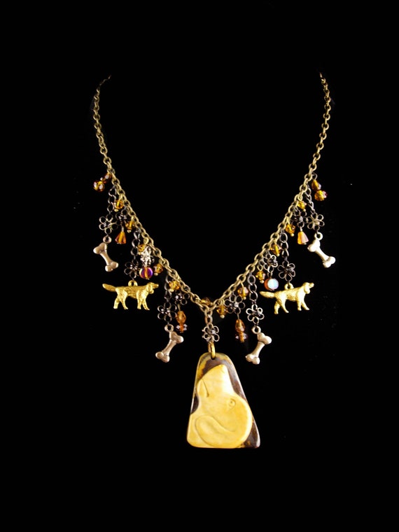 Vintage Carved dog charm necklace - OOAK Labrador 