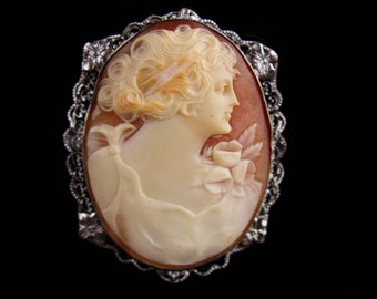 Antique carved Cameo large brooch - sterling layered filigree - Victorian Portrait - Gift for Mom - Estate Jewelry -silver woman brooch