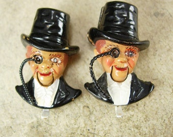 Coro Charlie Macarthy Fur Clips top hat Ventriloquist  Enamel Man 1937 BOOK PIECE mechanical moving mouth  duette Vintage vaudeville pin