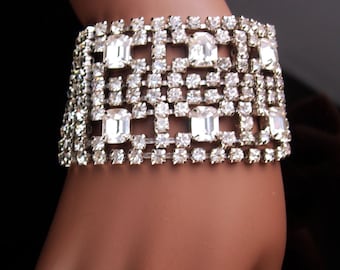 Fabulous deco style bracelet - Vintage 10 row bracelet - BRILLIANT wide Rhinestones - Showstopper  jewelry - bridal bracelet