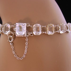 Vintage Art deco rock crystal bracelet / Antique brilliant faceted open back quartz bracelet estate jewelry safety chain image 3