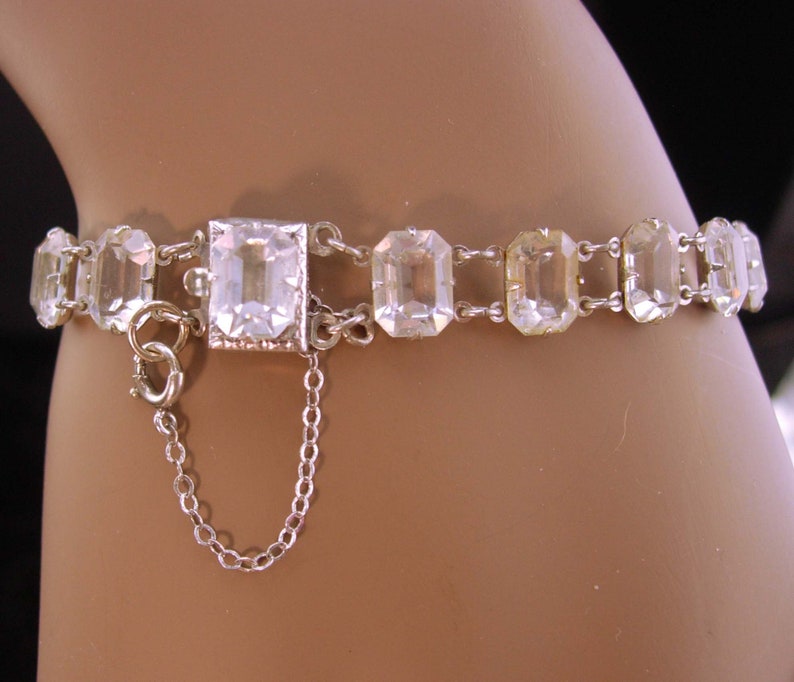 Vintage Art deco rock crystal bracelet / Antique brilliant faceted open back quartz bracelet estate jewelry safety chain image 3