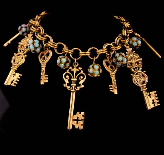 Vintage large skeleton Charm bracelet - turquoise… - image 1