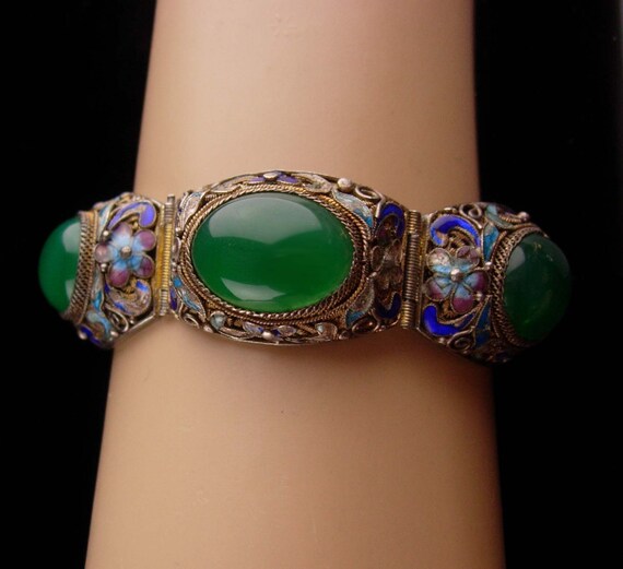 Antique Chinese Export Bracelet Ancient Stone Sterling Silver Filigree Enamel Flowers Hinged Bracelet Vintage Ethnic Jewelry Etsy Israel