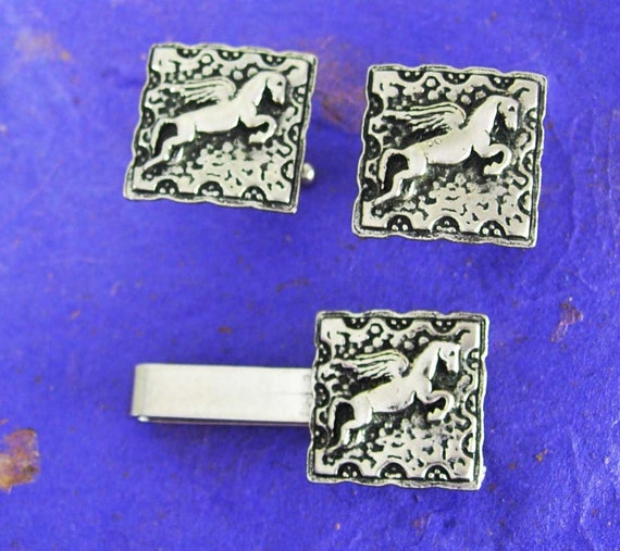 Unicorn Cufflinks silver plate horse tie clip SWA… - image 2
