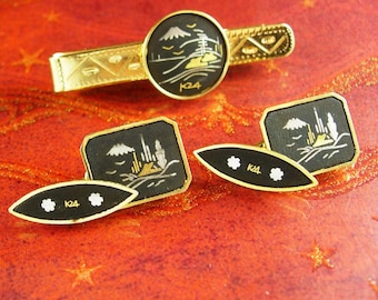 Japan Damascene Cufflinks Tie clip Vintage Pagoda Asian Oriental 24kt gold kilates oriental wedding asian jewelry Tie bar