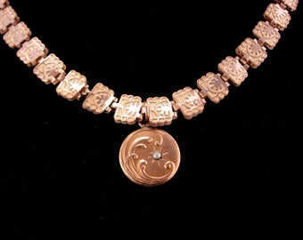 Antike Buchkette Halskette / Vintage Mond Medaillon / Rose und Gelb Gold gefüllt / viktorianische Halskette / Charme Nachlass Schmuck Andenken