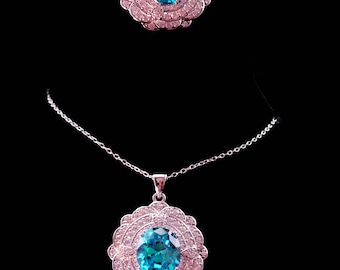 216 Diamond Cocktail ring set - London blue topaz necklace - HUGE Diamond frame - size 8 1/2 - 925 blue ring - anniversary gift