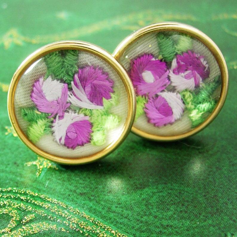 Gorgeous PINK Flower under glass Cufflinks embroidery wedding cuff links florist gift mans womens petit point gold cuff links