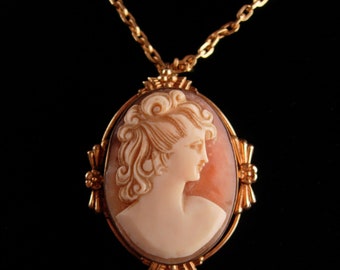 Antique genuine Cameo necklace - Vintage victorian CARVED PORTRAIT BROOCH -  rose gold plate - Cameo set