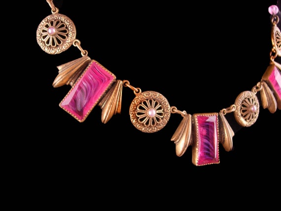 Vintage Czech Necklace -  Art deco Brass pendants… - image 3