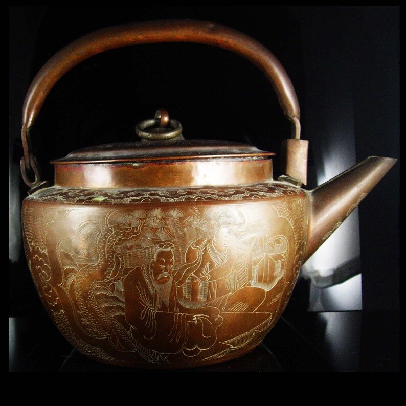 Antique Teapot Japanese Teapot Copper Kettle Dragon Medallion Etsy