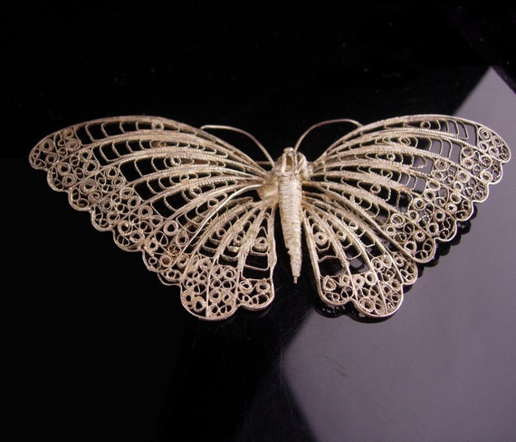 HUGE 4" Butterfly Brooch - Antique silver filigree