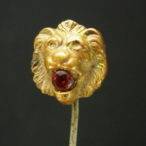 Antique Lion STICKPIN - 1/4CT Garnet Mouth - vintage gothic mens estate jewelry - victorian lapel stick pin