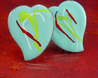 LARGE Turquoise Heart Cuff links Copper Cufflinks Abstract bleeding heart Enamel Pop Art Cuff Links Kaflinks modernist  Sleeve Accessory