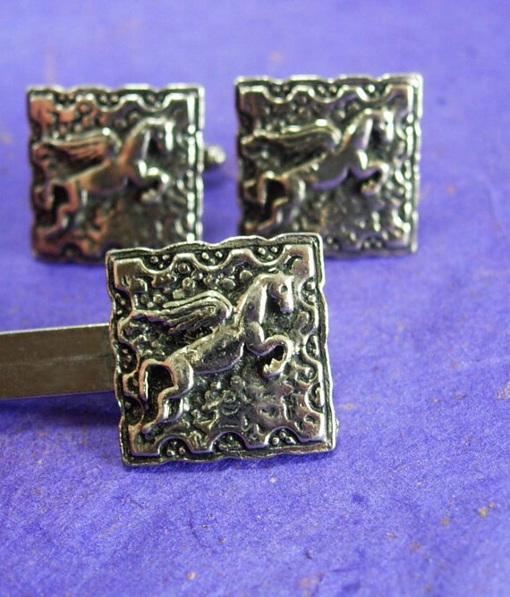 Unicorn Cufflinks silver plate horse tie clip SWA… - image 4