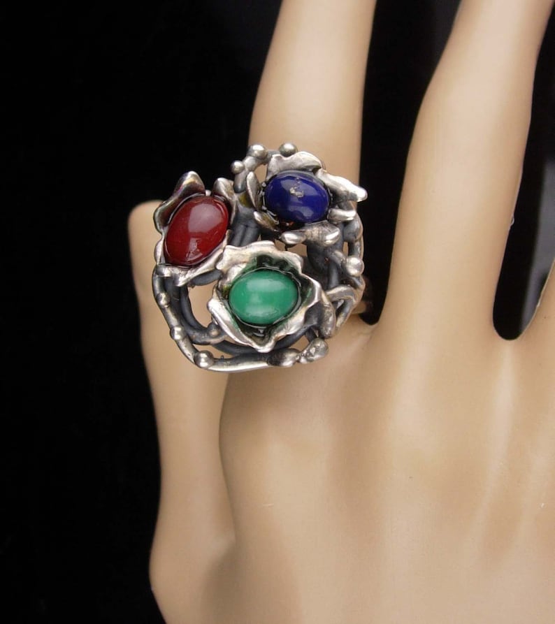 HUge ring sterling modernist ring Vintage lapis Abstract design Size 8 12 45th anniversary December Sagittarius Capricorn
