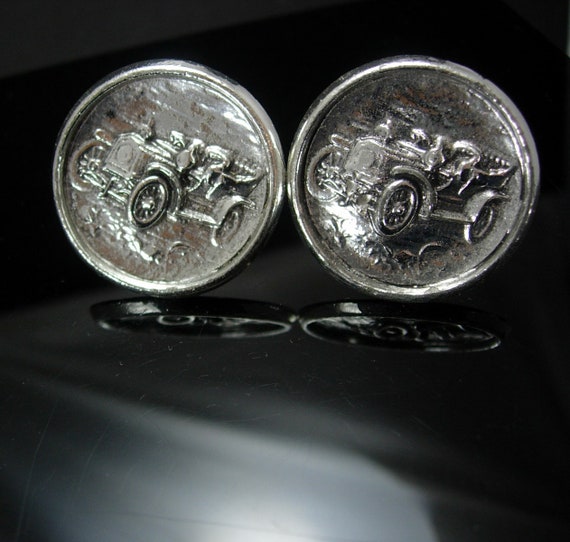 HUGE Antique Car Cuff links bright silver Cufflin… - image 4