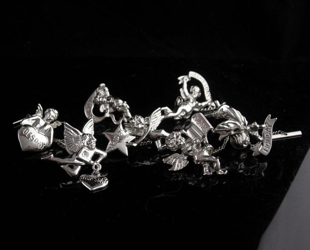Full Set / Mens Tie Tacks / 7 Days of the Week / Silver Angels / Cherub