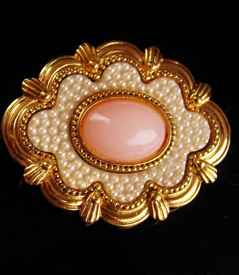 Antique style Victorian brooch edwardian seed pearl pin rose quartz estate jewelry womens anniversary gift image 1