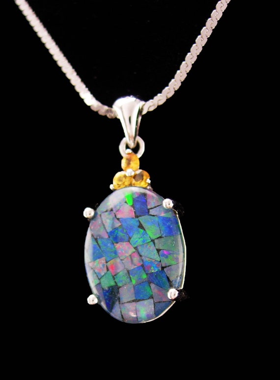 Sterling Mosaic Opal and Orange Sapphire necklace… - image 3