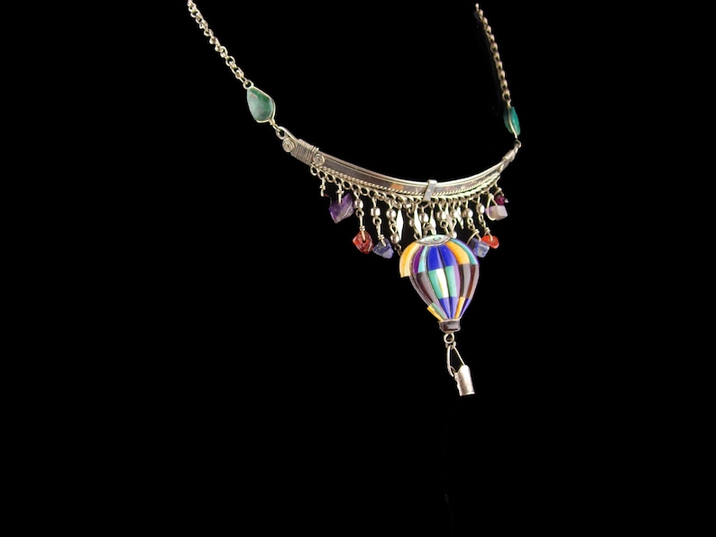 Hot Air Balloon Necklace Vintage sterling Steampunk pendant Gypsy necklace hippie jewelry fringe choker