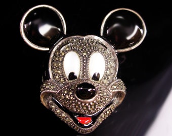 Judith Jack Brooch - BIG sterling mickey mouse pin - marcasite and enamel - designer estate jewelry