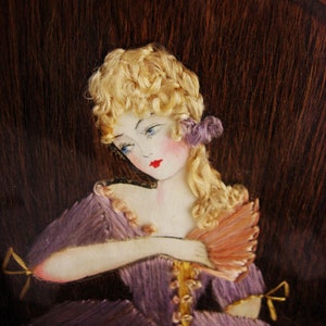 Antique 19th century Hair portrait - frame hair art - victorian fashion - Oval Victorian frame - hand painted doll Bustle dress under glass
