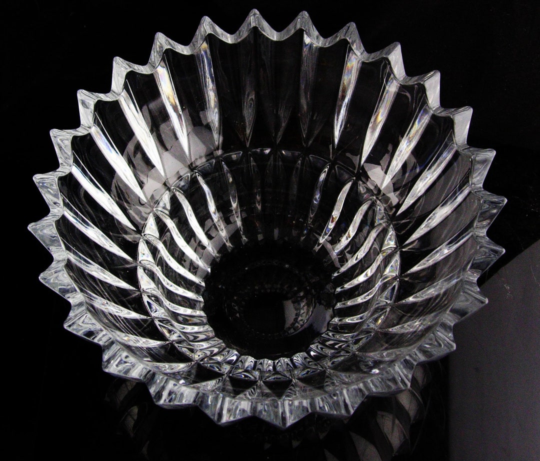 Unusual Shape HEAVY Cut Glass BIG Ribbed Bowl 24% Crystal Made in the ...
