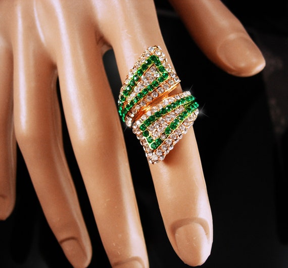 Fairy Wings Ring Green pave rhinestone Signed mys… - image 2