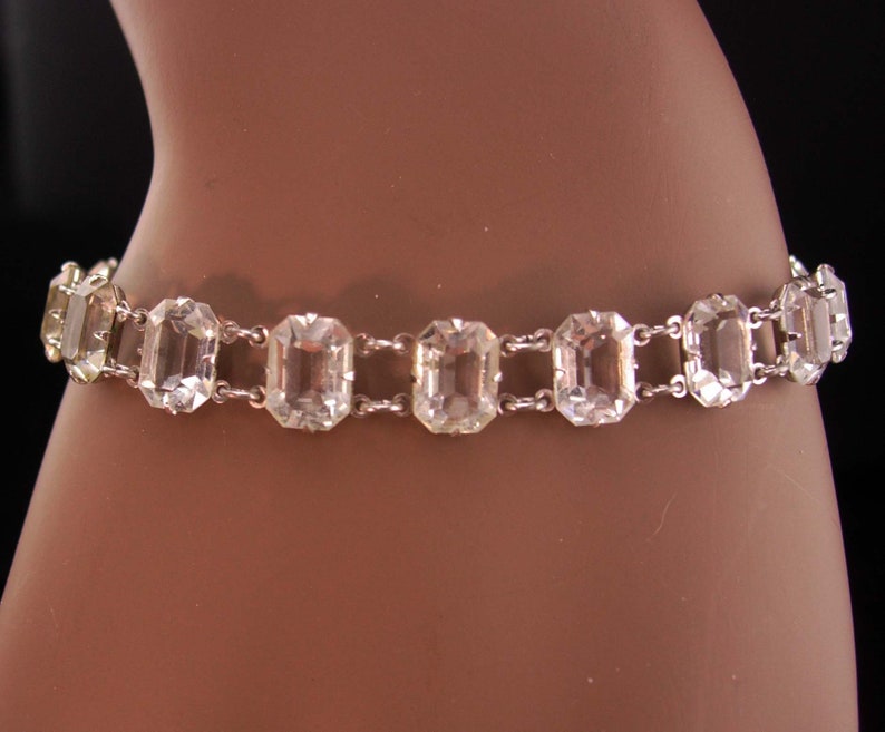 Vintage Art deco rock crystal bracelet / Antique brilliant faceted open back quartz bracelet estate jewelry safety chain image 2