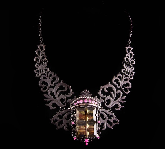 Gothic statement necklace - black rhinestone brooc
