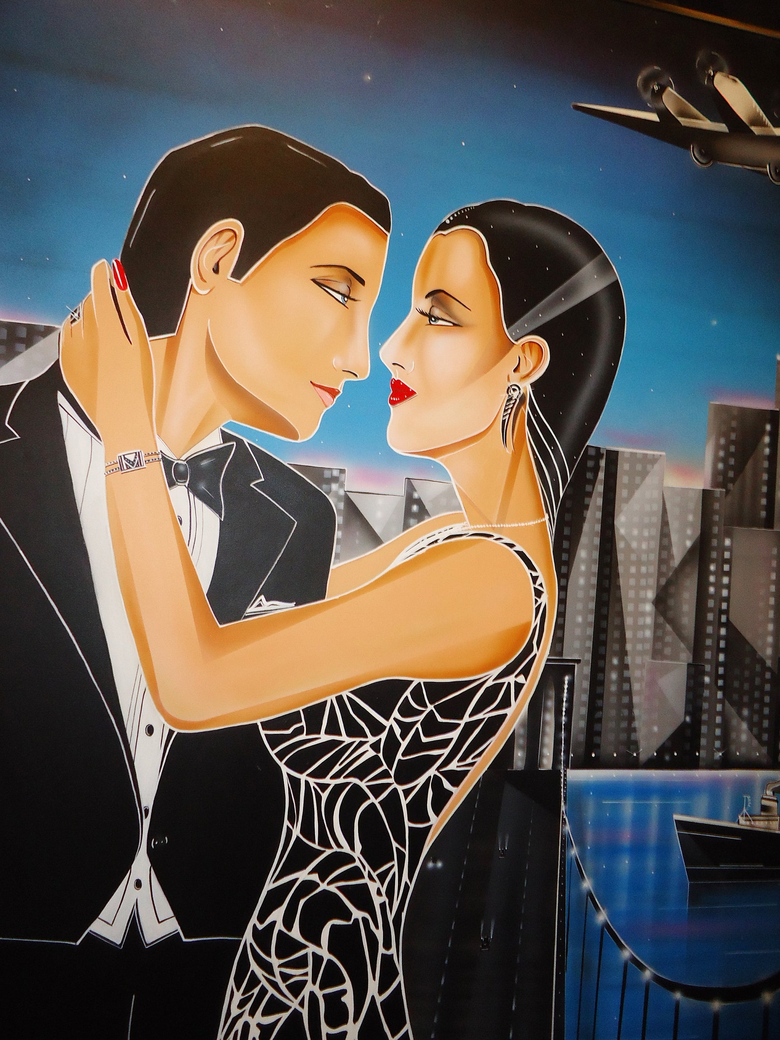 Art Deco Painting HUGE Framed Woman Man Against Skyline SIGNED | Etsy