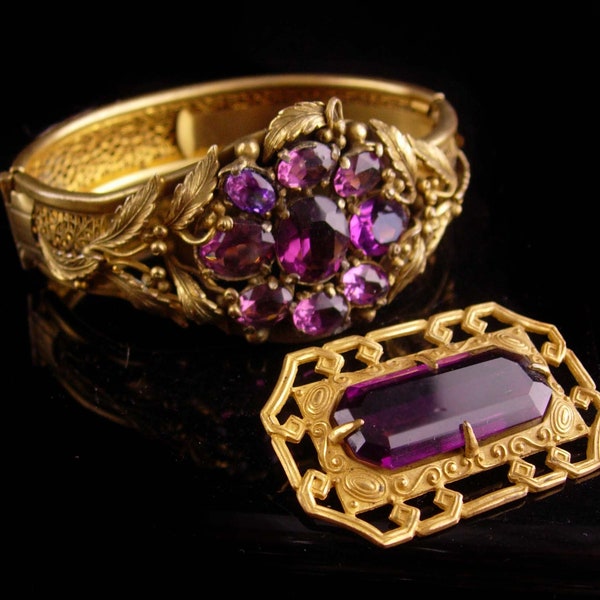 Antique bracelet - Purple rhinestone - art deco brooch - czech jewelry - vintage estate jewelry - art deco bangle - aquarius gift