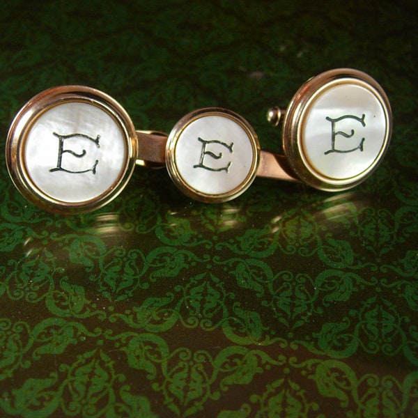 Big and Bold Monogrammed Cufflinks Vintage Initial E Tie Clip Men's Complete Finished Set mother of pearl personalized letter golden jewelry