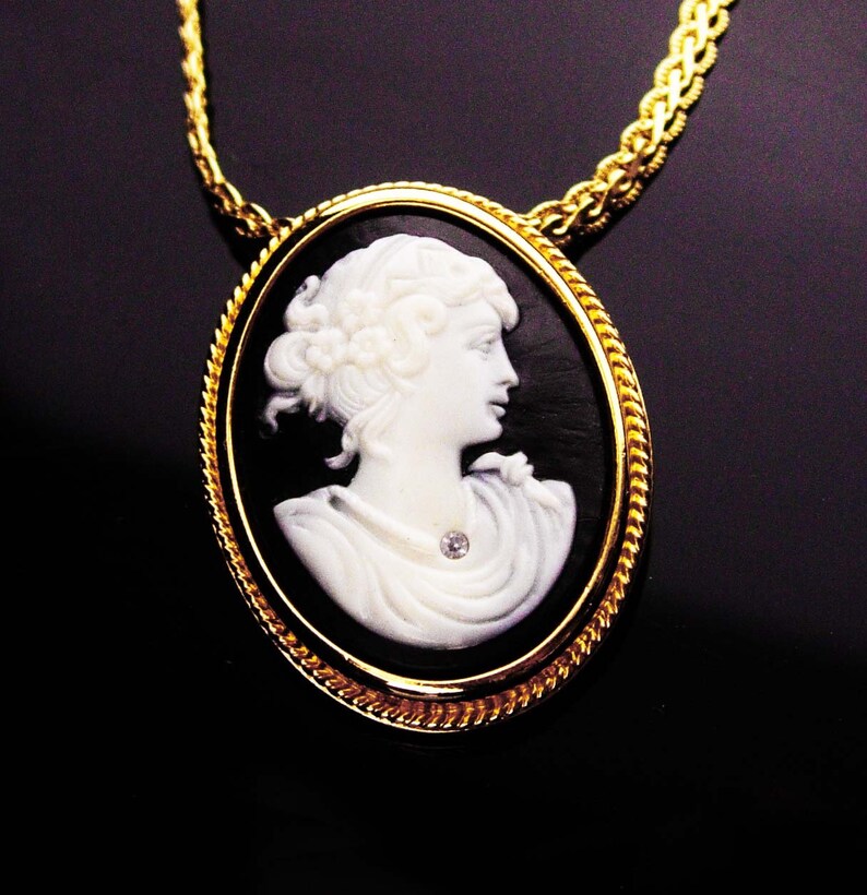 Black Cameo necklace  Religious medal  catholic cameo  vintage brooch  gold pendant necklace  faux diamond  gift for her  anniversary