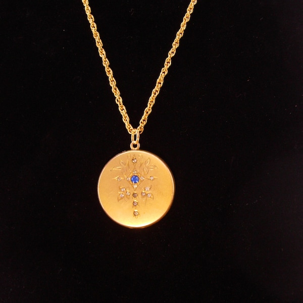 1800's Antique Locket necklace / Vintage Blue rhinestone / Victorian necklace / estate jewelry keepsake / December birthstone jewelry