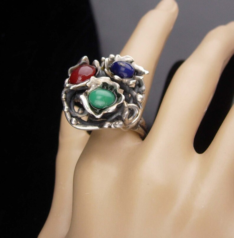 HUge ring sterling modernist ring Vintage lapis Abstract design Size 8 12 45th anniversary December Sagittarius Capricorn