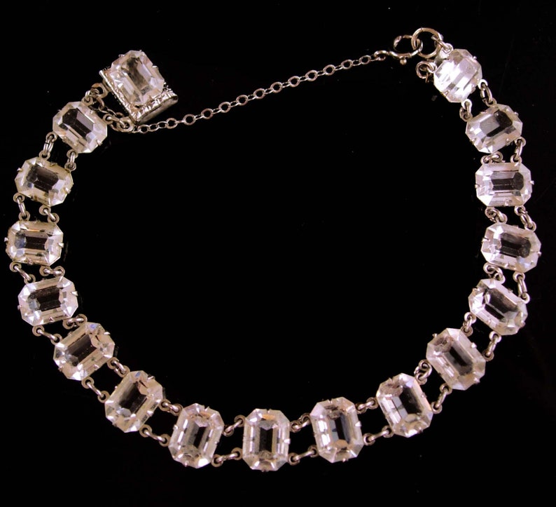Vintage Art deco rock crystal bracelet / Antique brilliant faceted open back quartz bracelet estate jewelry safety chain image 1