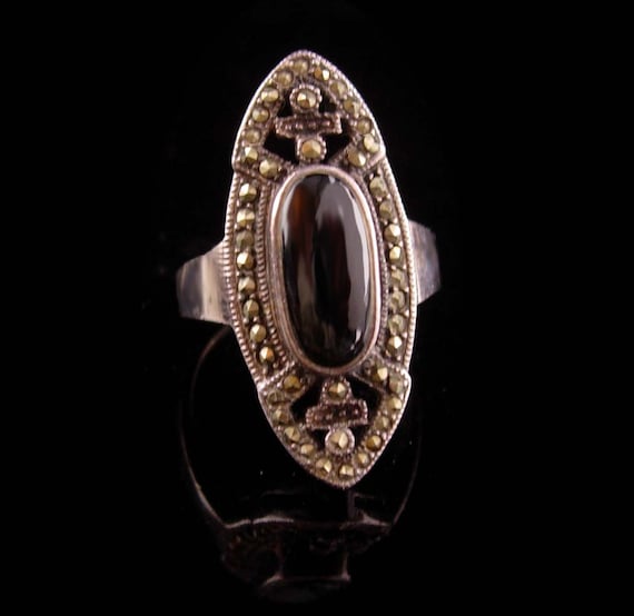 Vintage Black Onyx Ring Sterling Art Deco Marquise Gothic Etsy