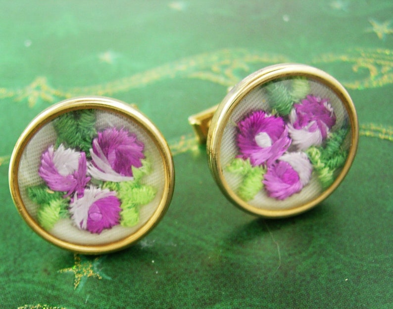 Gorgeous PINK Flower under glass Cufflinks embroidery wedding cuff links florist gift mans womens petit point gold cuff links