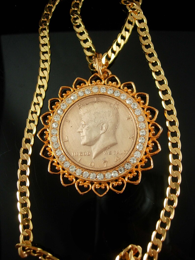 1974 Kennedy Coin Necklace Rhinestone Necklace Pendant Etsy