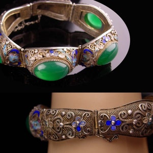 Antique Chinese export bracelet ancient stone sterling silver filigree Enamel flowers hinged bracelet vintage ethnic jewelry image 5