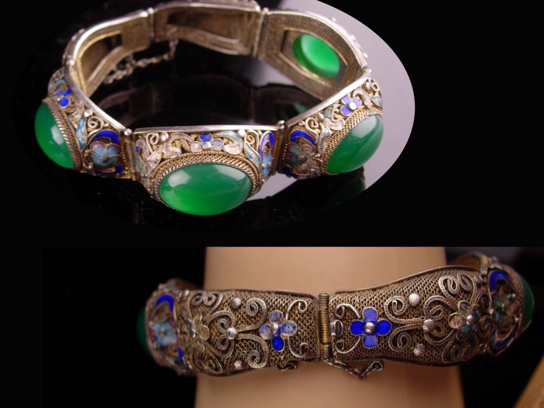 Antique Chinese export bracelet ancient stone sterling silver filigree Enamel flowers hinged bracelet vintage ethnic jewelry image 5