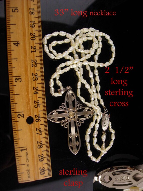 Vintage Sterling Cross - genuine pearl 33" long n… - image 4